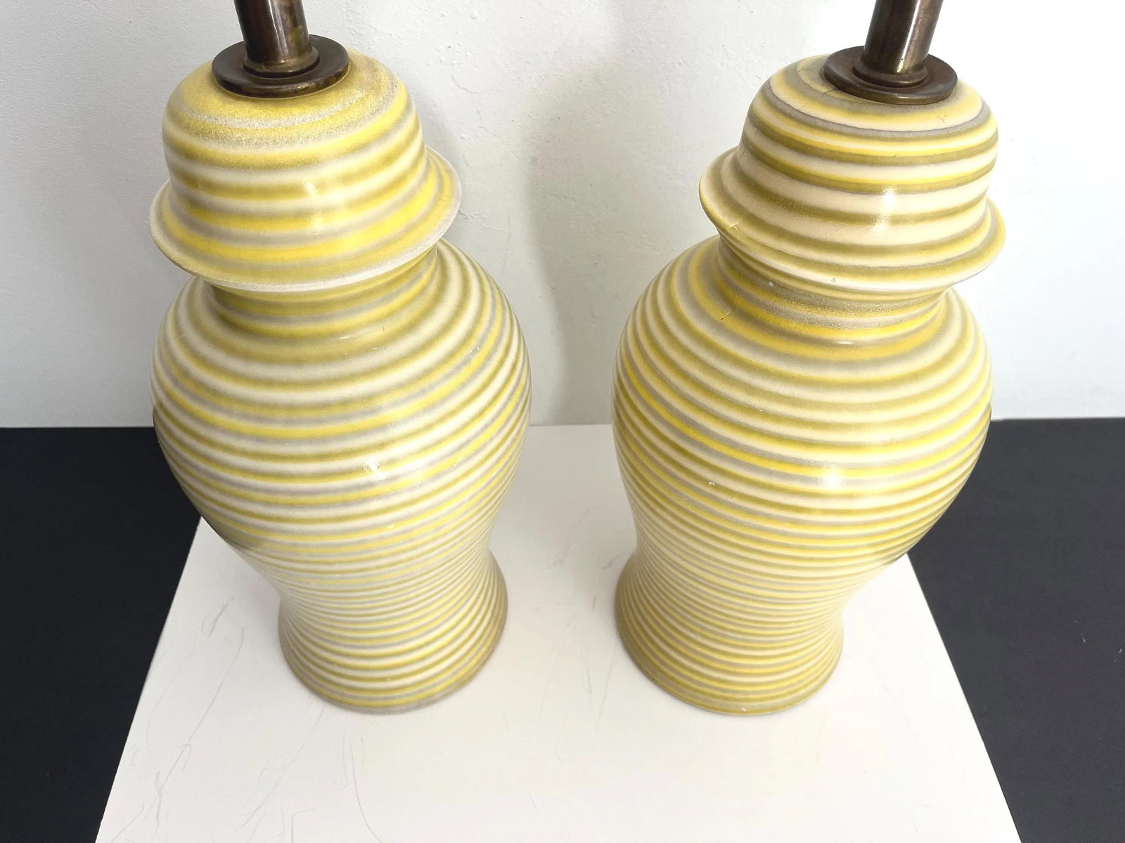 Midcentury Striped Ceramic Ginger Jar Lamps & Shades - a Pair - 11