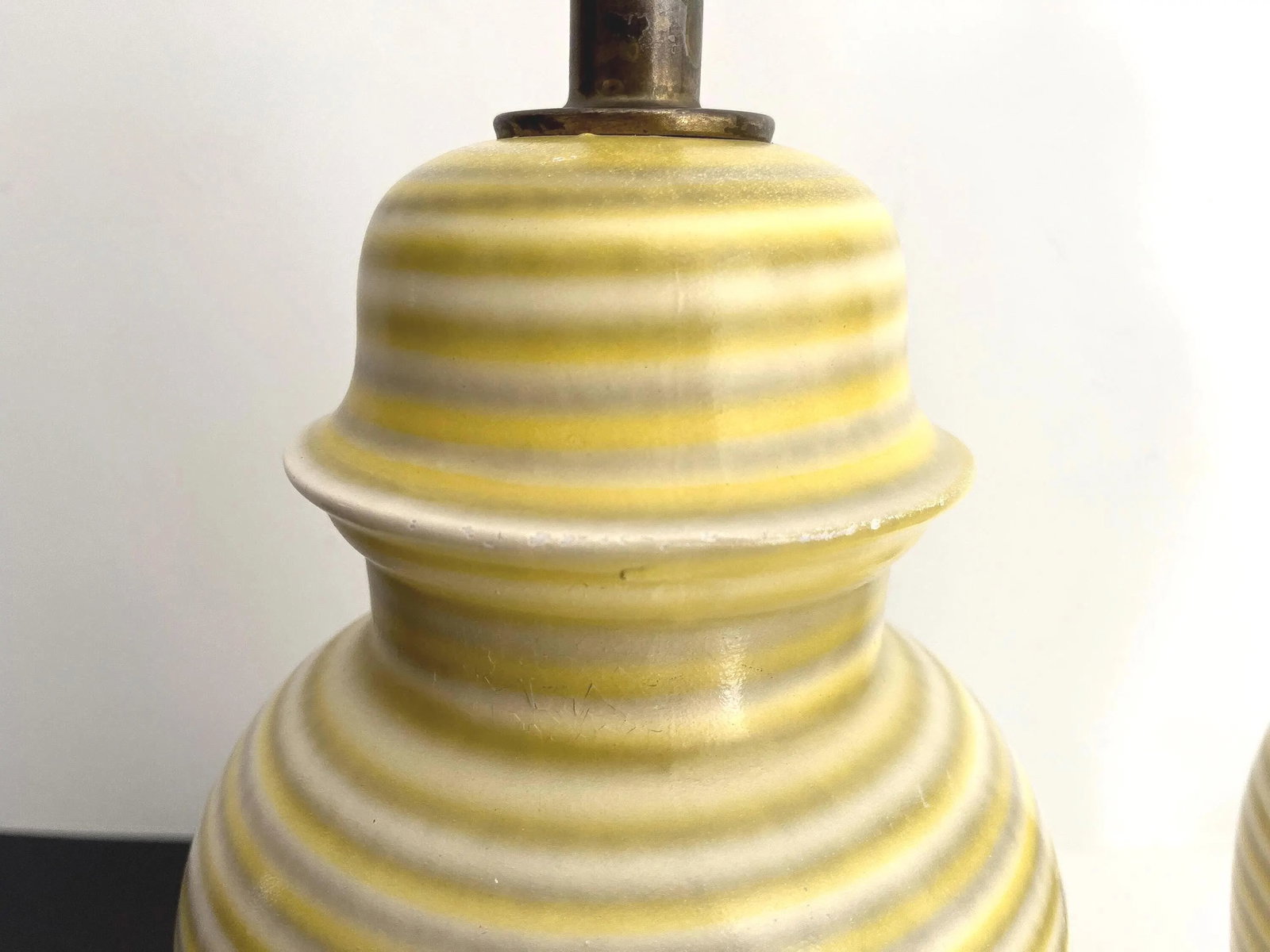 Midcentury Striped Ceramic Ginger Jar Lamps & Shades - a Pair - 12