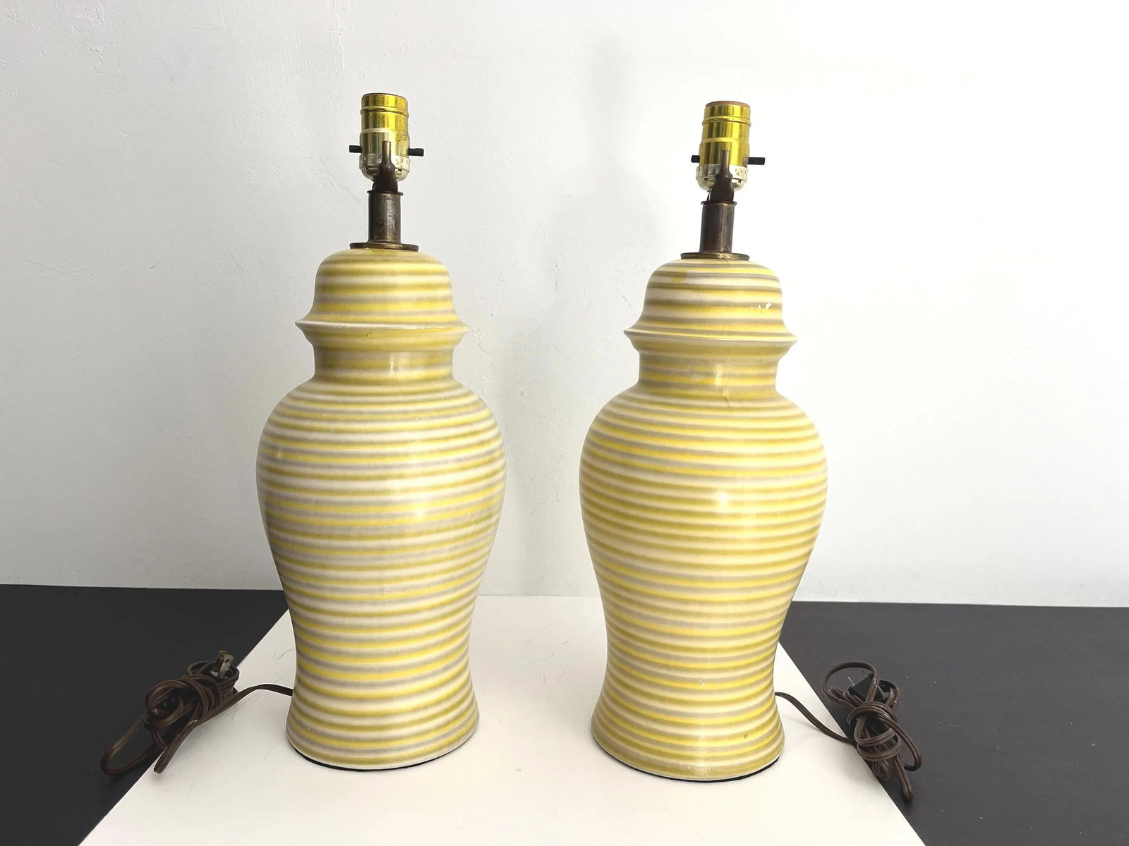 Midcentury Striped Ceramic Ginger Jar Lamps & Shades - a Pair - 13