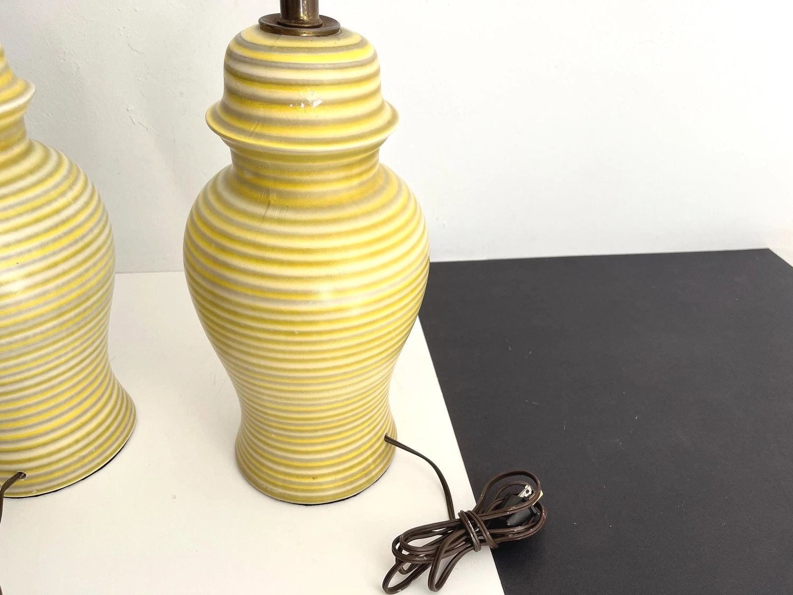 Midcentury Striped Ceramic Ginger Jar Lamps & Shades - a Pair - 15