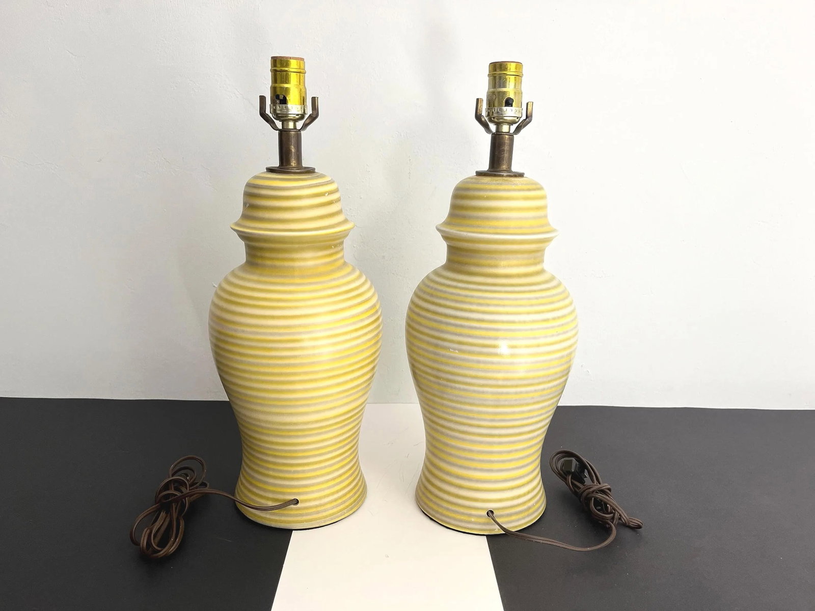 Midcentury Striped Ceramic Ginger Jar Lamps & Shades - a Pair - 17
