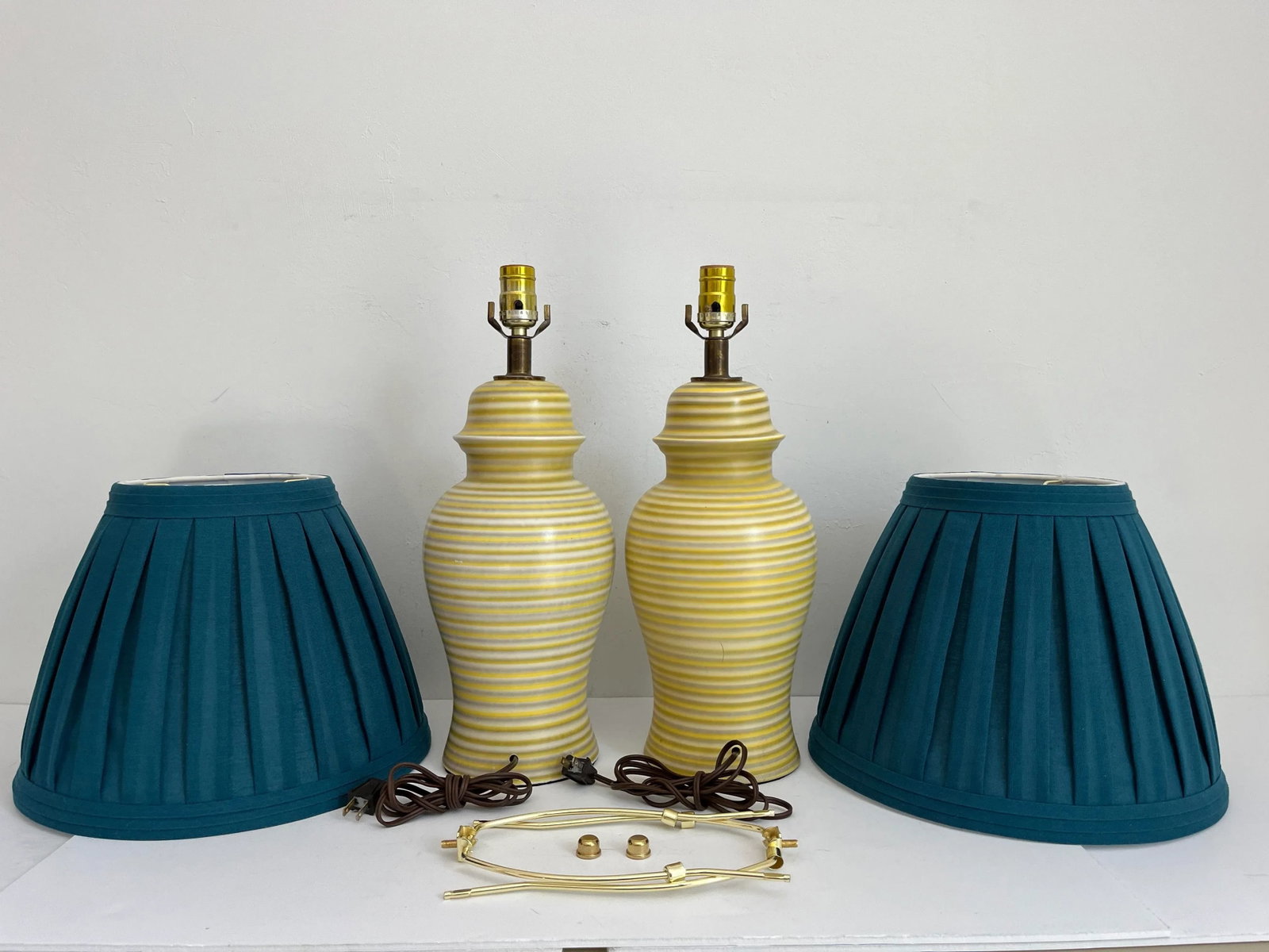 Midcentury Striped Ceramic Ginger Jar Lamps & Shades - a Pair - 18