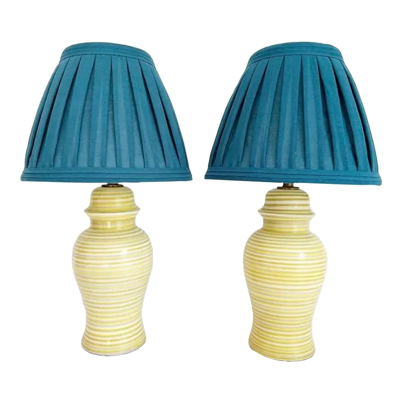 Midcentury Striped Ceramic Ginger Jar Lamps & Shades - a Pair: Sunny pair of mid century ceramic ginger jar lamps in chic skinny stripes of butter yellow and soft gray in a satin glazed finish. Professionally restored with new wiring and sockets for standard