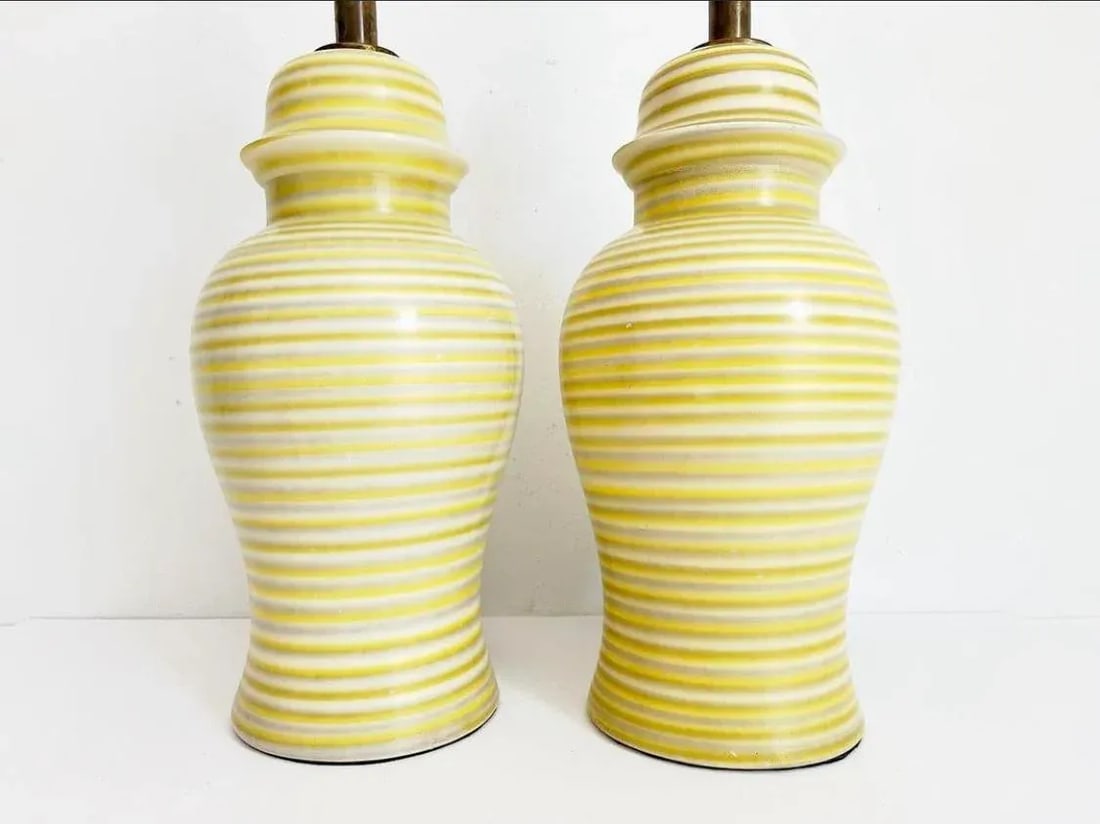 Midcentury Striped Ceramic Ginger Jar Lamps & Shades - a Pair - 2