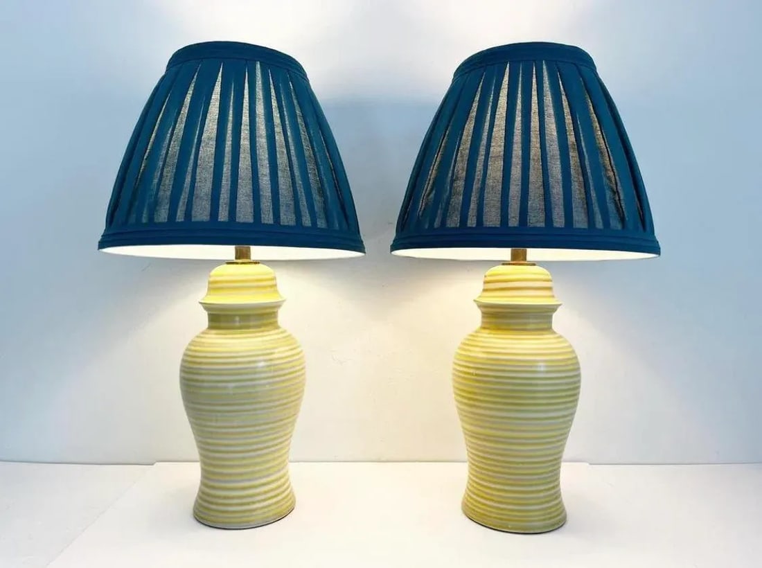 Midcentury Striped Ceramic Ginger Jar Lamps & Shades - a Pair - 3