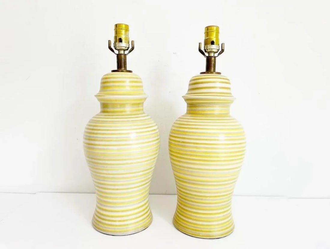 Midcentury Striped Ceramic Ginger Jar Lamps & Shades - a Pair - 4