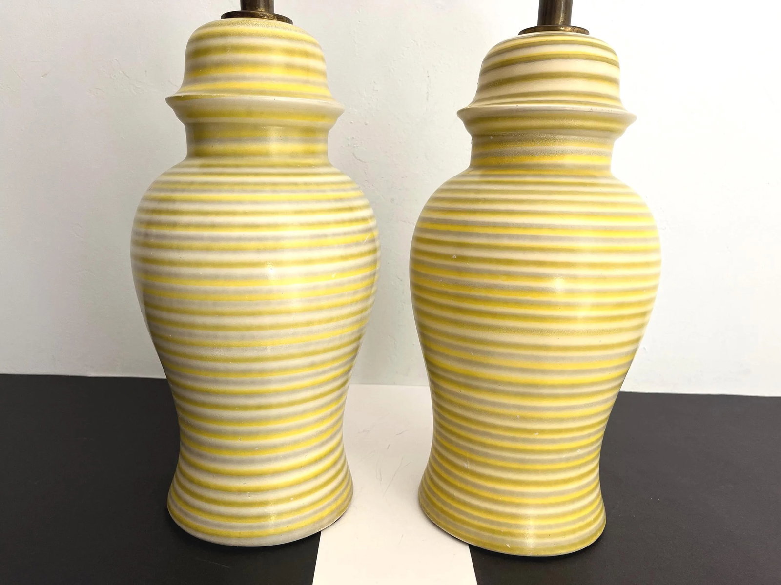 Midcentury Striped Ceramic Ginger Jar Lamps & Shades - a Pair - 5