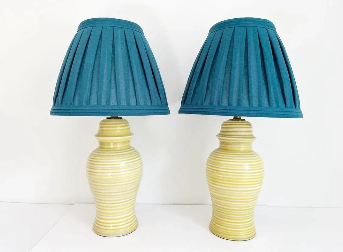 Midcentury Striped Ceramic Ginger Jar Lamps & Shades - a Pair - 6