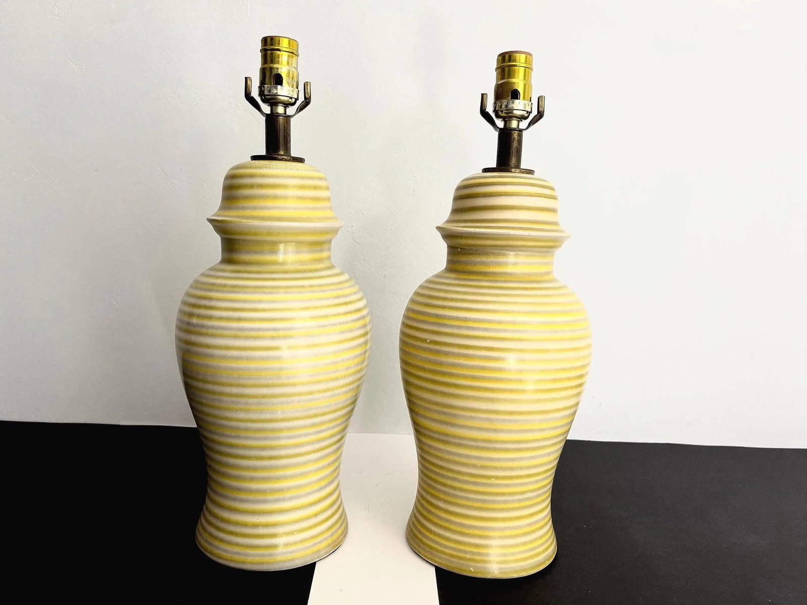 Midcentury Striped Ceramic Ginger Jar Lamps & Shades - a Pair - 7