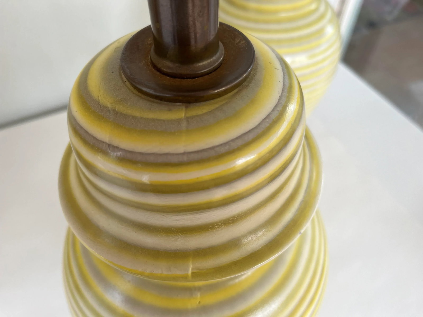 Midcentury Striped Ceramic Ginger Jar Lamps & Shades - a Pair - 8