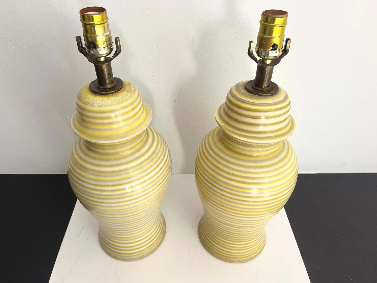 Midcentury Striped Ceramic Ginger Jar Lamps & Shades - a Pair - 9