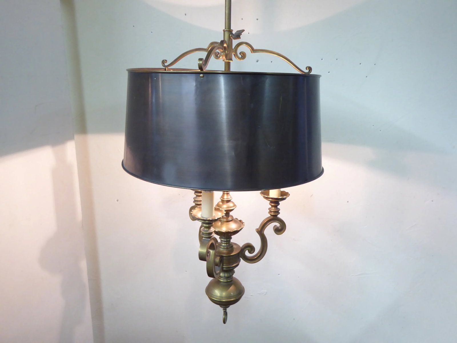 Vintage Brass Chandelier With Tole Shade - 3