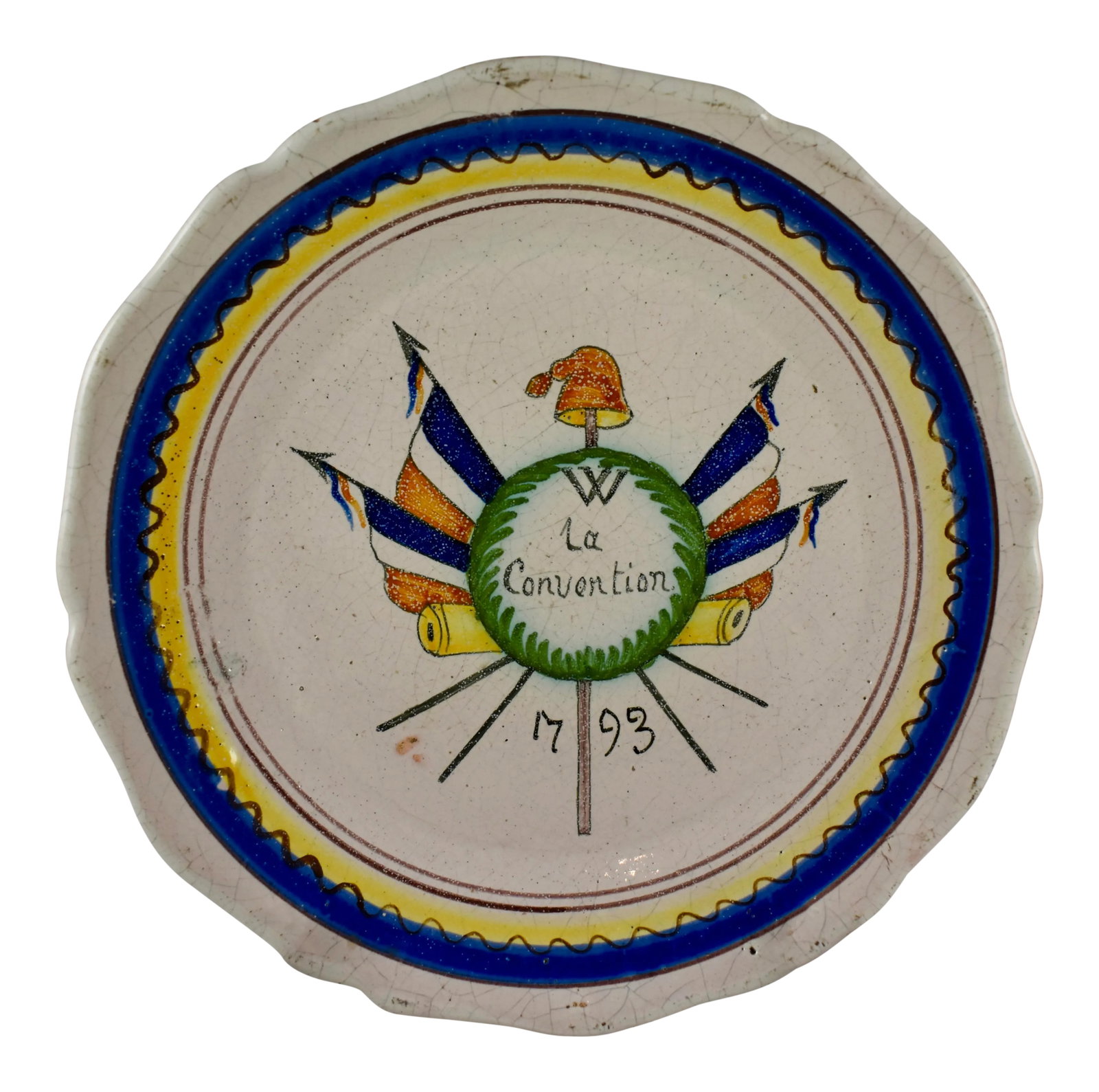 18th C. Nevers French Revolution Tin-Glazed Dish - La Convention: A French Revolution tin-glazed earthenware dish, showing crossed French flags with a Phrygian cap on an epee, the symbol for Liberty. La Convention, meaning The Agreement, is written in script with