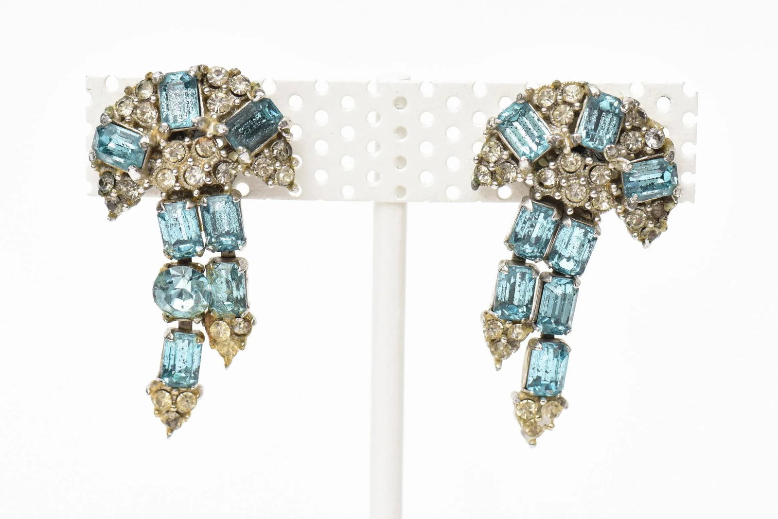 Vintage Hollycraft Signed Clip On Blue Rhinestone Dangle Screw Back Earrings - 2 Pieces - 2