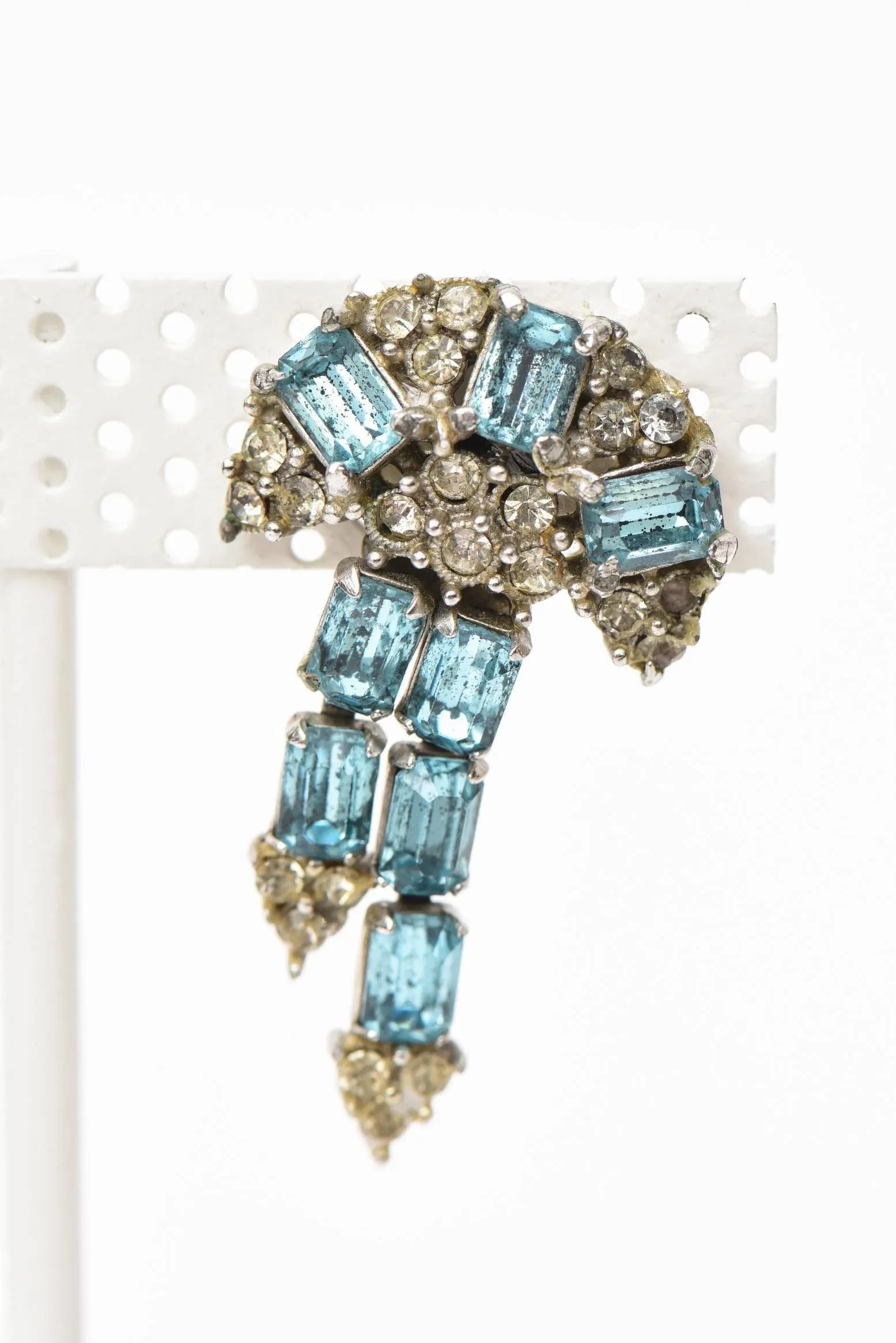 Vintage Hollycraft Signed Clip On Blue Rhinestone Dangle Screw Back Earrings - 2 Pieces - 3