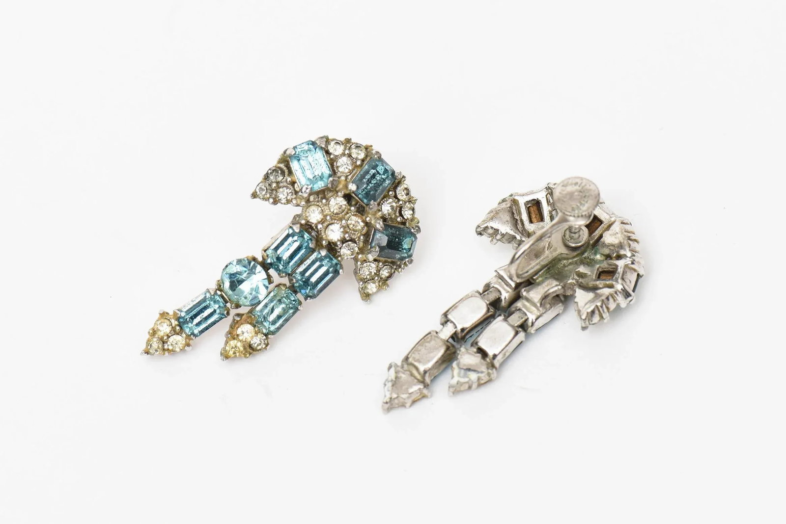 Vintage Hollycraft Signed Clip On Blue Rhinestone Dangle Screw Back Earrings - 2 Pieces - 5