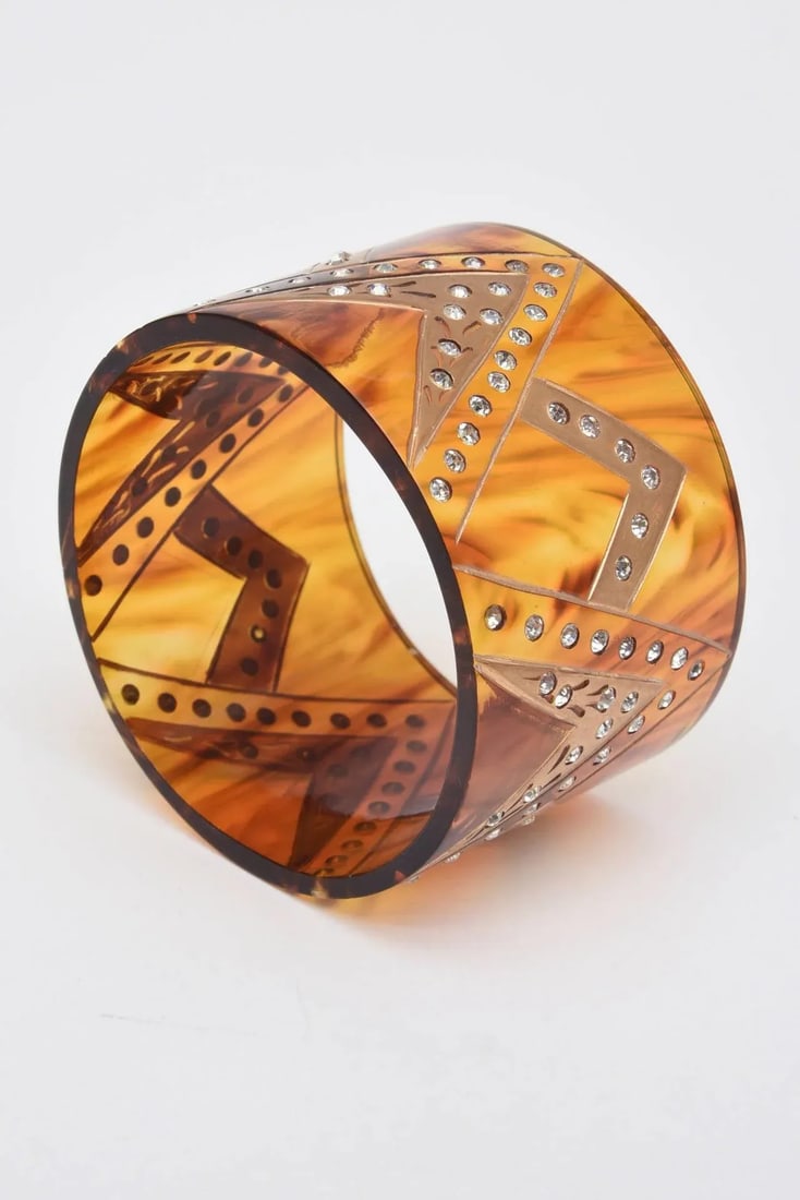 1980's French Tortoise Resin and Rhinestone Wide Cuff Bracelet - 2