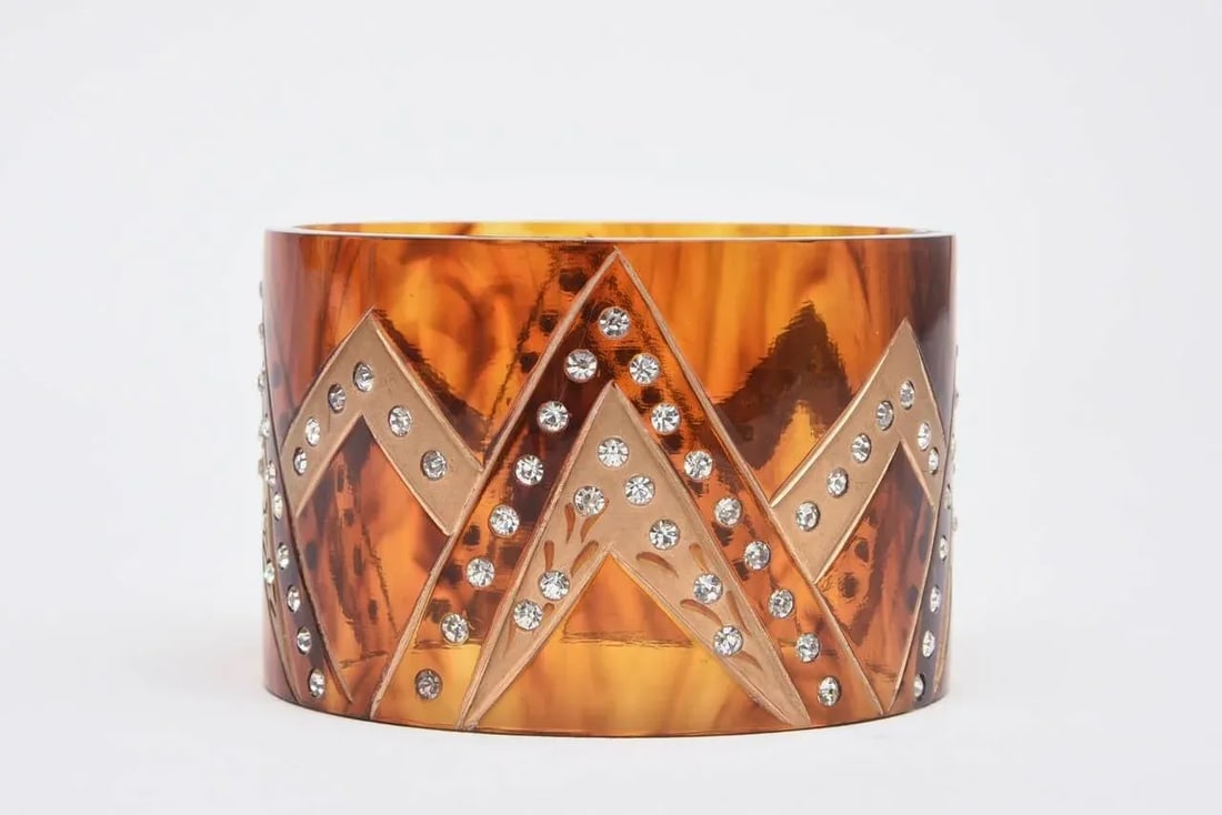 1980's French Tortoise Resin and Rhinestone Wide Cuff Bracelet - 3