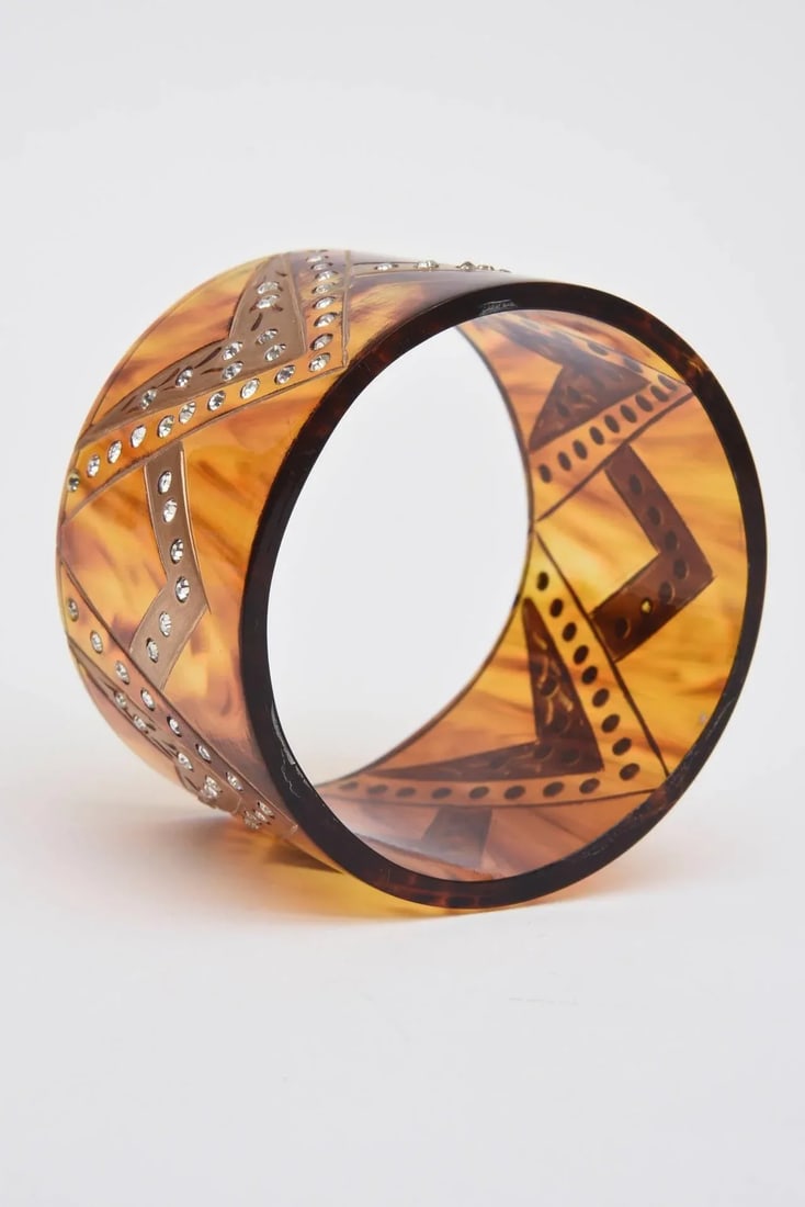 1980's French Tortoise Resin and Rhinestone Wide Cuff Bracelet - 6