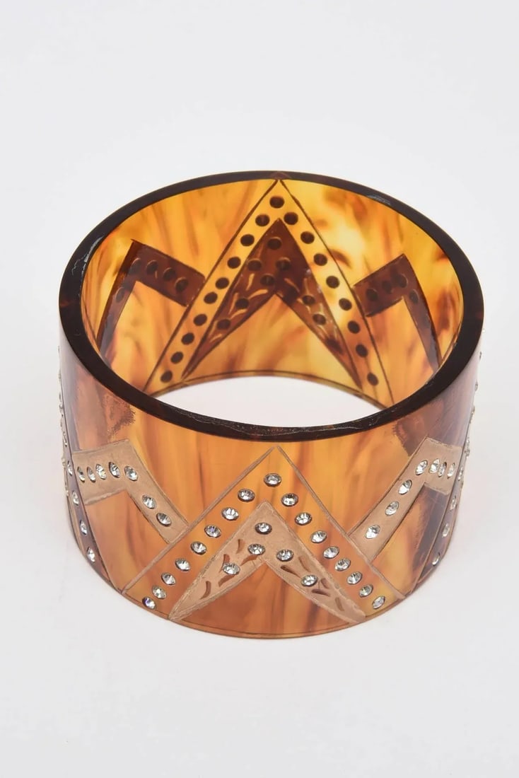 1980's French Tortoise Resin and Rhinestone Wide Cuff Bracelet - 7