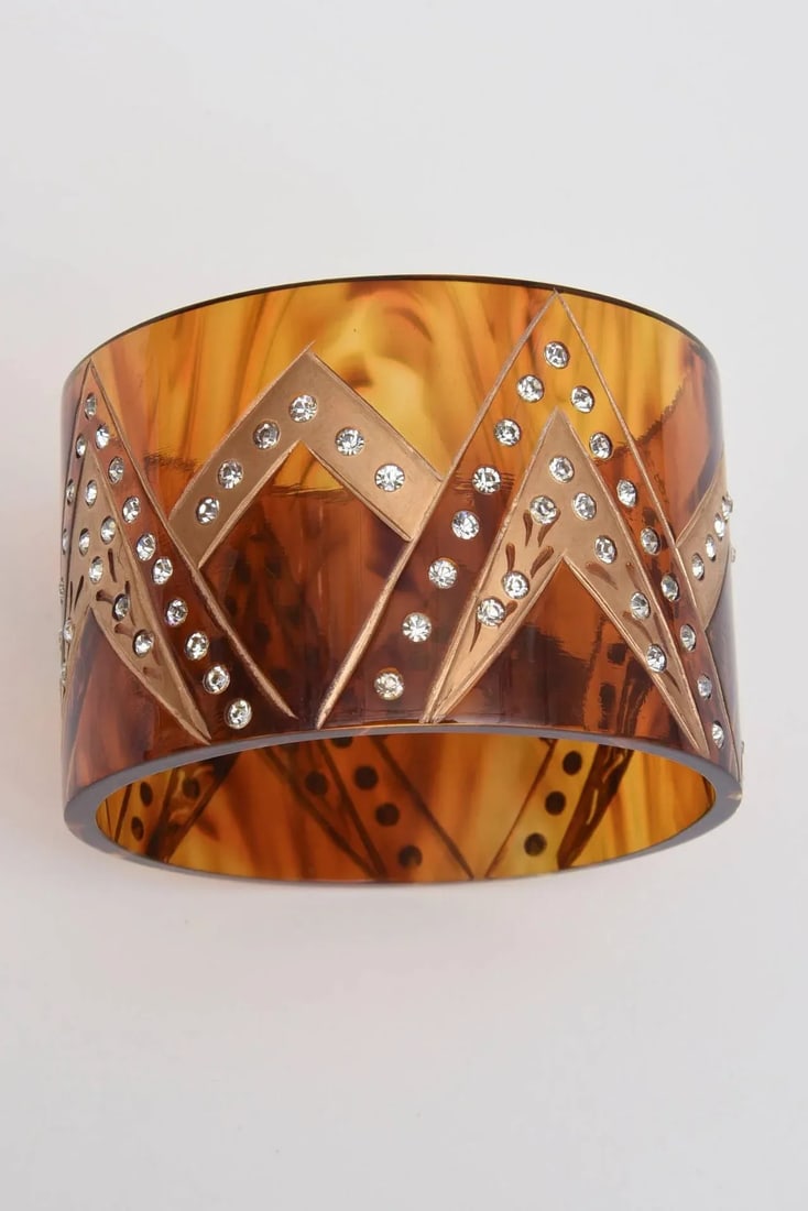 1980's French Tortoise Resin and Rhinestone Wide Cuff Bracelet - 8