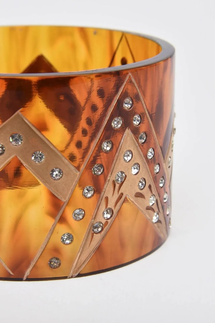 1980's French Tortoise Resin and Rhinestone Wide Cuff Bracelet - 9