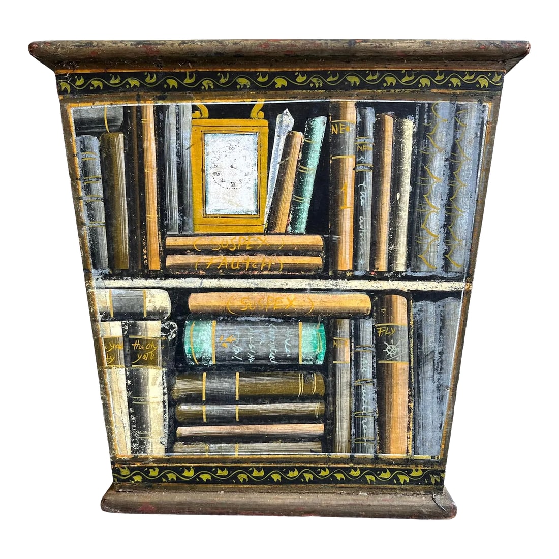 Fornasetti Style Book Planter/ Kindling Box: Fornasetti style planter box with book motif or can be used as a kindling box. Would look great in a library or office next to a fireplace. Condition: Alterations: Original Condition Unaltered