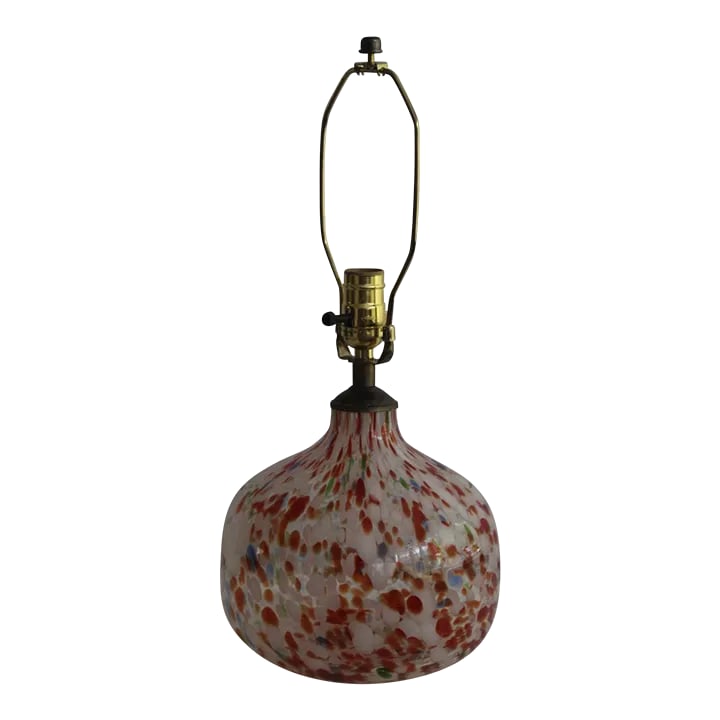Mid 20th Century Petite Mezza Murano Style Lamp: Petite Mezza style table lamp. Graceful hand blown shape. A confetti blend of vibrant colors. Consisting of deep red/orange. Speckles pf turquoise, and ivory and moss green. Catches beautiful light il