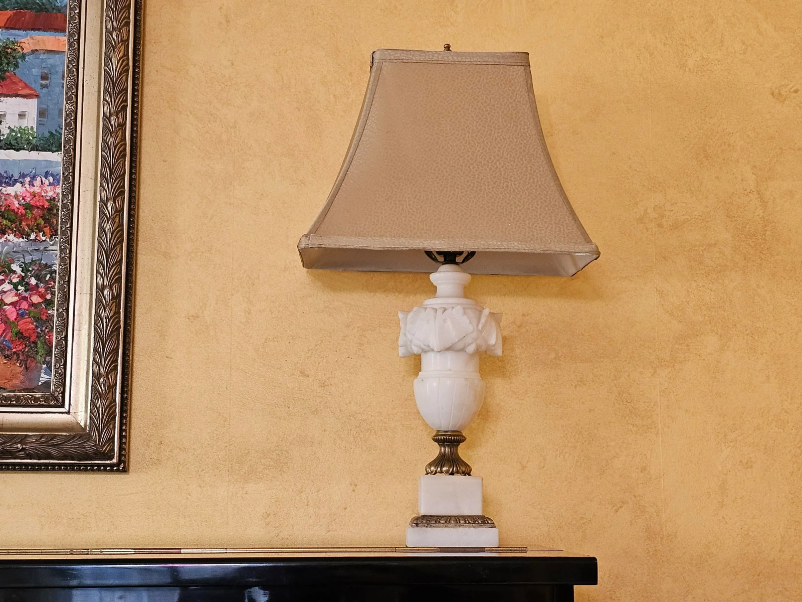 Vintage Carved Alabaster and Brass Table Lamp - 12