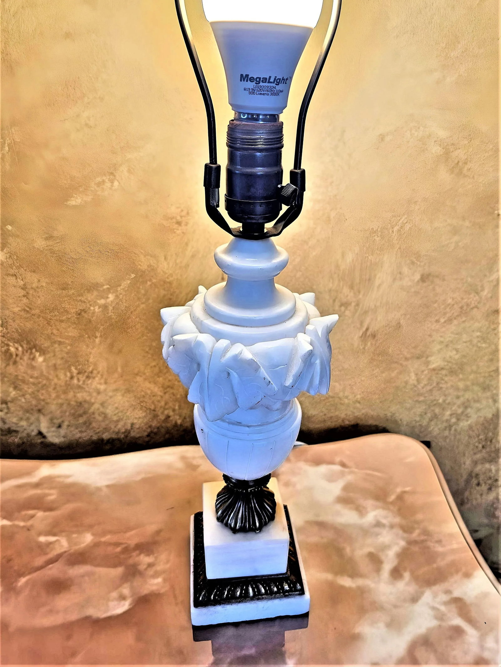 Vintage Carved Alabaster and Brass Table Lamp - 8