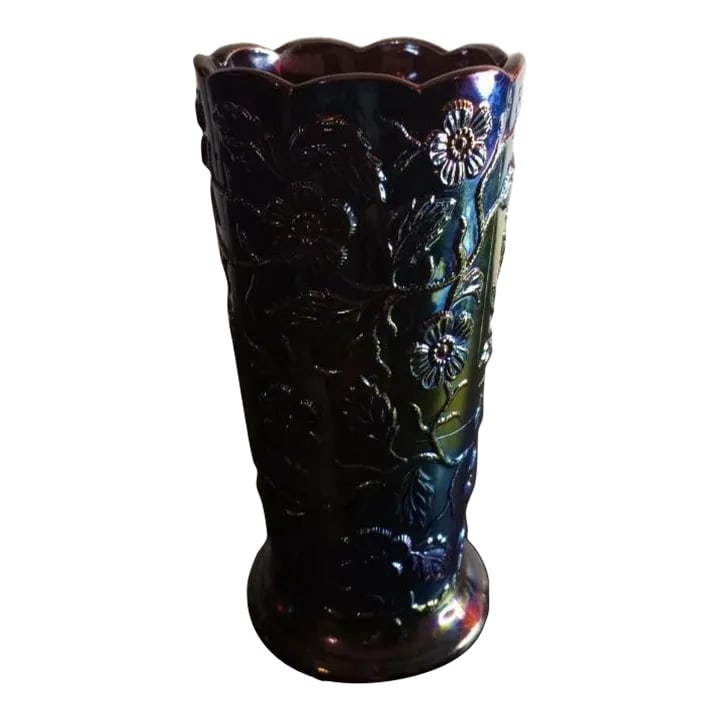 1970s Marked Fenton Amethyst Carnival Glass Peacock Ruffled Vase (1 of 8)