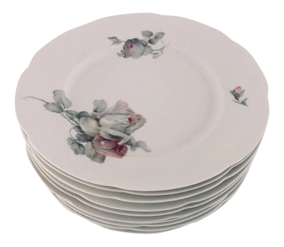Vintage Cottage Style Gray Rose Pattern Dinner Plates - Set of 10: Vintage , rare fine porcelain with gray,soft pink and dark red rose pattern in cottage style set of ten dinner plates 10"D Makers mark reads "KONILGL .PRIV. TETTAU BAYERN" They are in excellent