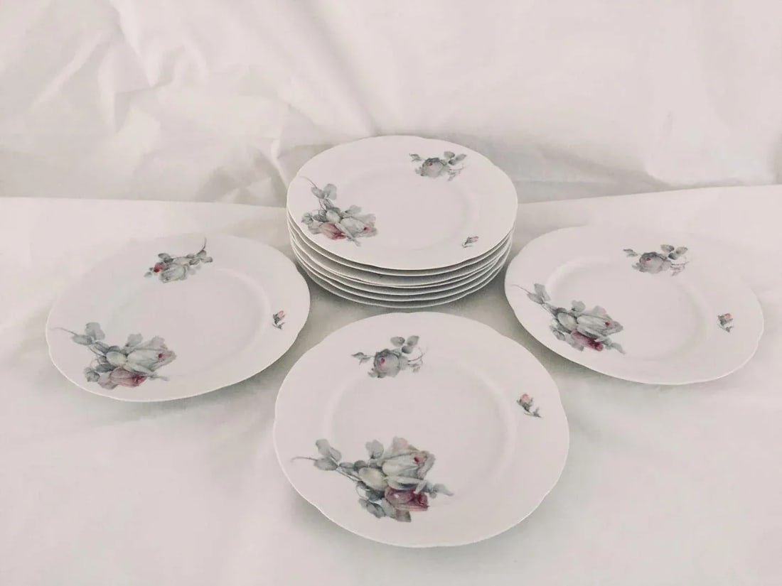 Vintage Cottage Style Gray Rose Pattern Dinner Plates - Set of 10 - 4