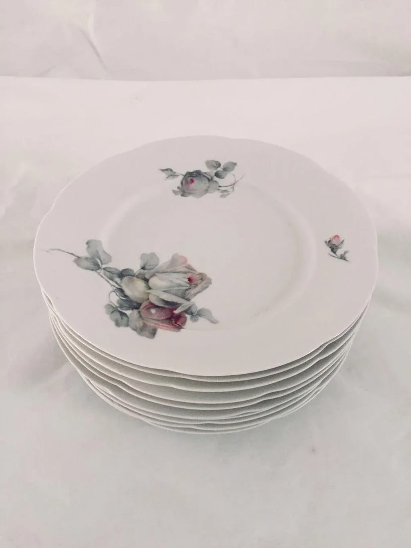 Vintage Cottage Style Gray Rose Pattern Dinner Plates - Set of 10 - 7