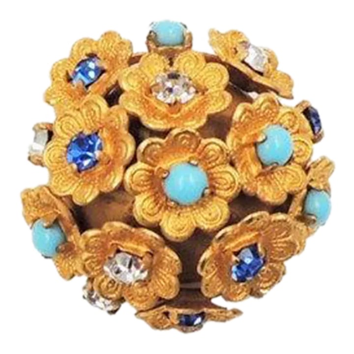 Vintage Signed Bijoux Cascio Italy Rhinestone Flower Brooch: This is part of Chairish's Costume Jewelry assortment. Circa 1960s goldtone round domed textured flowers with cabochon faux-turquoise and round faux-sapphire & clear rhinestone centers brooch. Marked