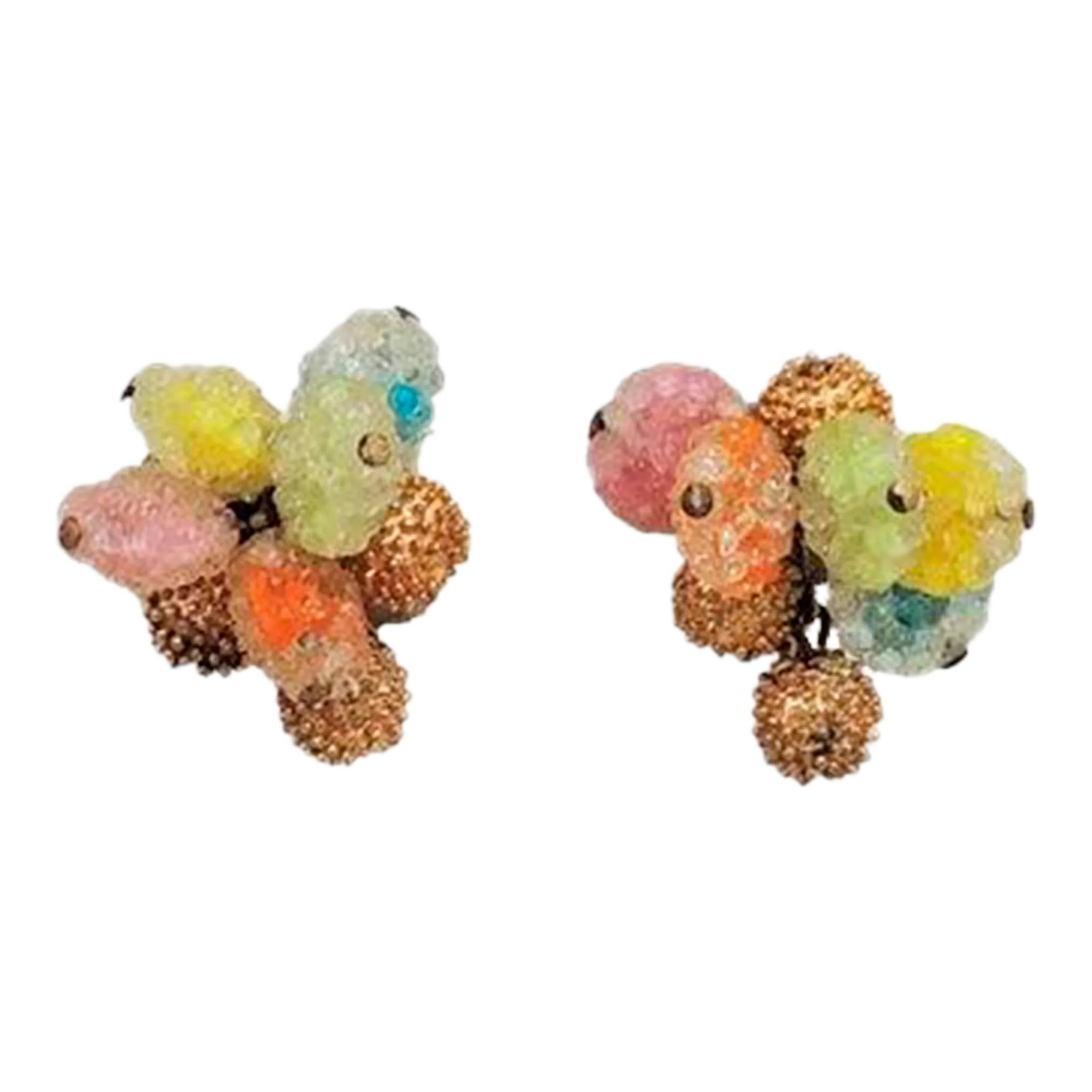 Vintage 1960s Napier "Gum Drop" Colorful Clip Earrings - 2 Pieces: This is part of Chairish's Costume Jewelry assortment. Textured goldtone beads and textured givre glass blue, yellow, green, orange and pink "gum drop" beaded clip and screw back earrings. Marked "Nap