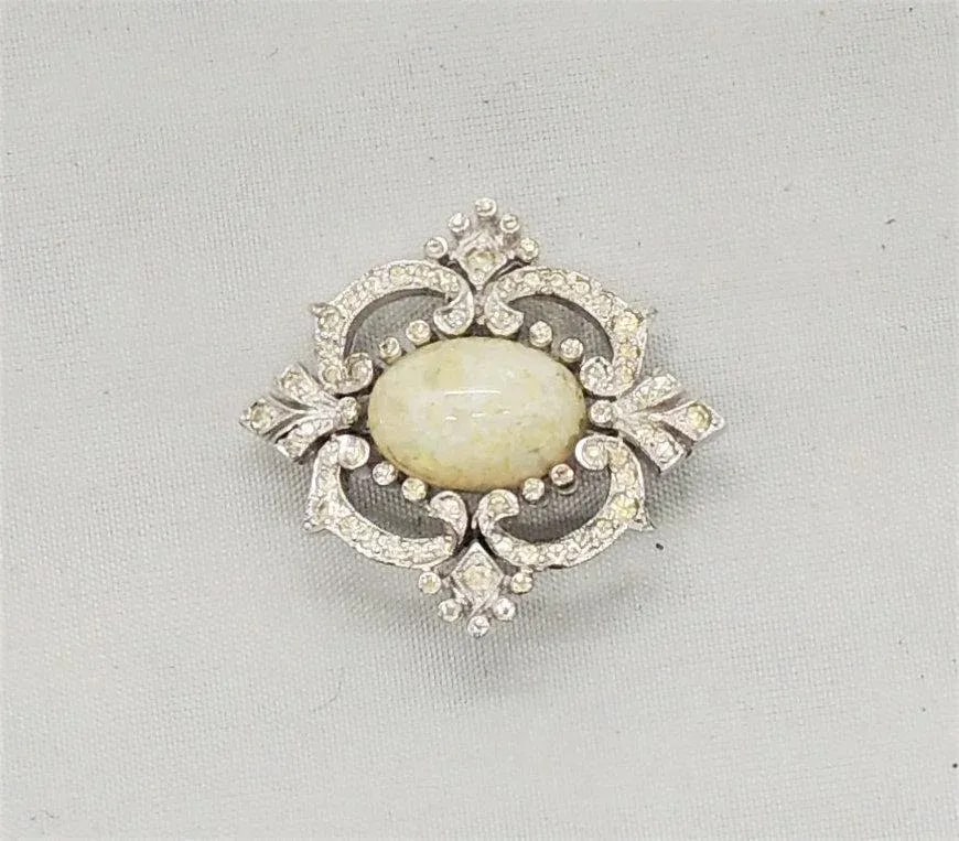 Vintage Signed Panetta Rhodium Plated Faux-Opal Brooch - 2
