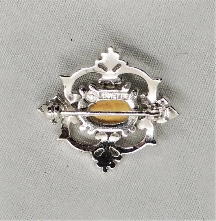 Vintage Signed Panetta Rhodium Plated Faux-Opal Brooch - 3