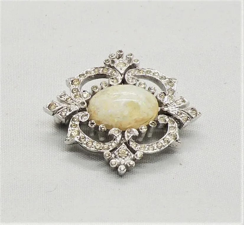 Vintage Signed Panetta Rhodium Plated Faux-Opal Brooch - 4
