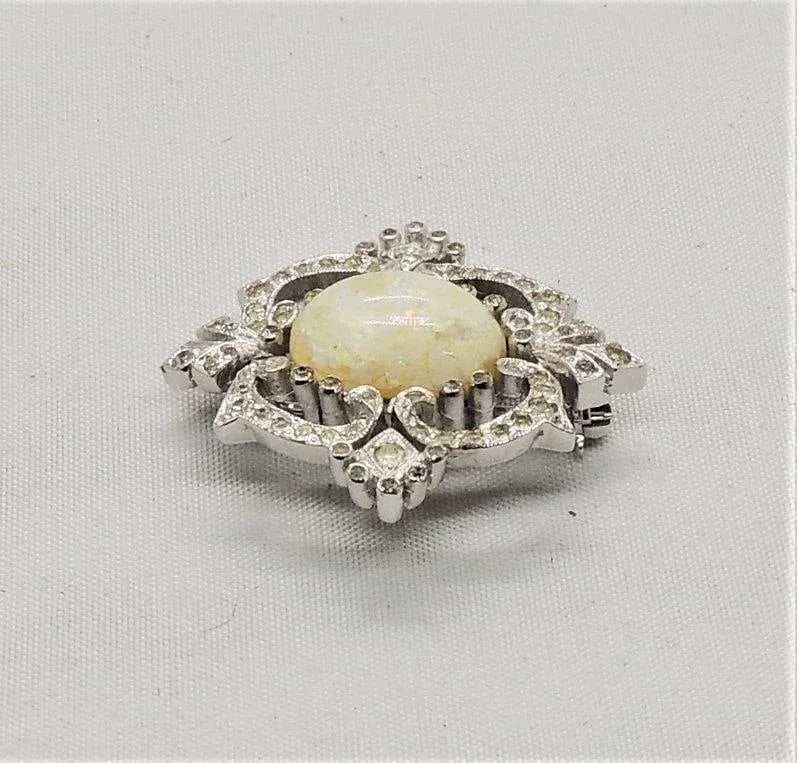 Vintage Signed Panetta Rhodium Plated Faux-Opal Brooch - 8