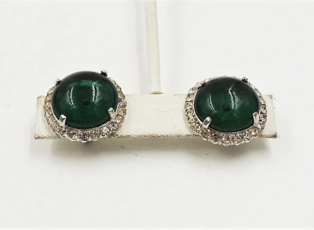 Vintage Castlecliff Faux-Emerald & Clear Rhinestone Clip Earrings - 2 Pieces - 10