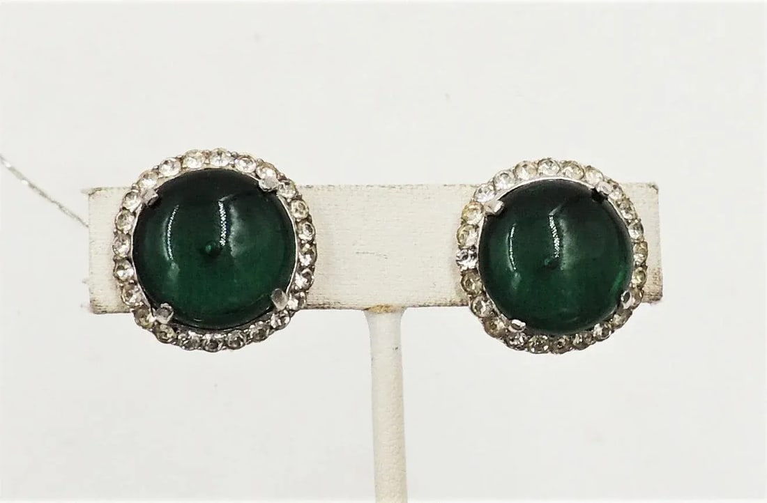 Vintage Castlecliff Faux-Emerald & Clear Rhinestone Clip Earrings - 2 Pieces - 2