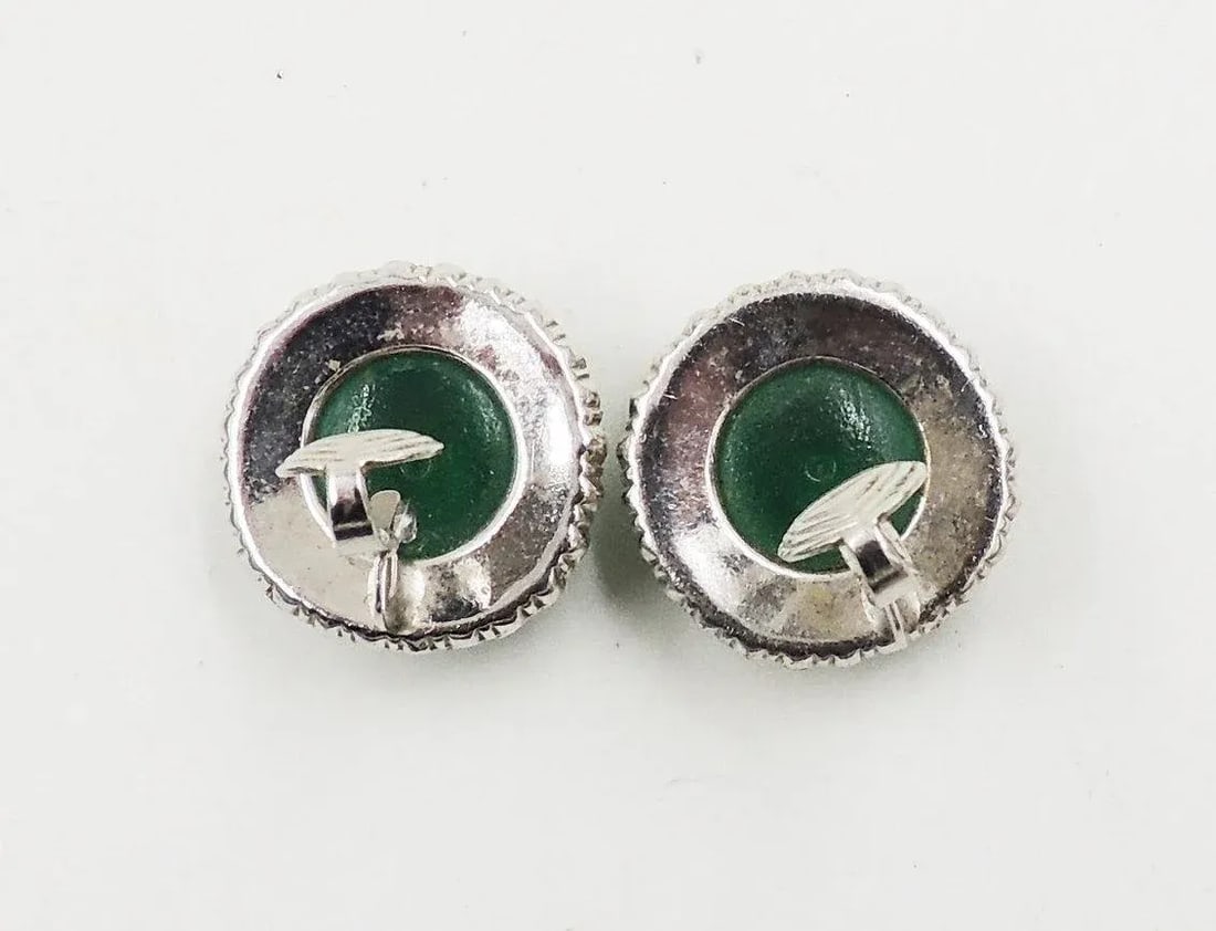Vintage Castlecliff Faux-Emerald & Clear Rhinestone Clip Earrings - 2 Pieces - 3