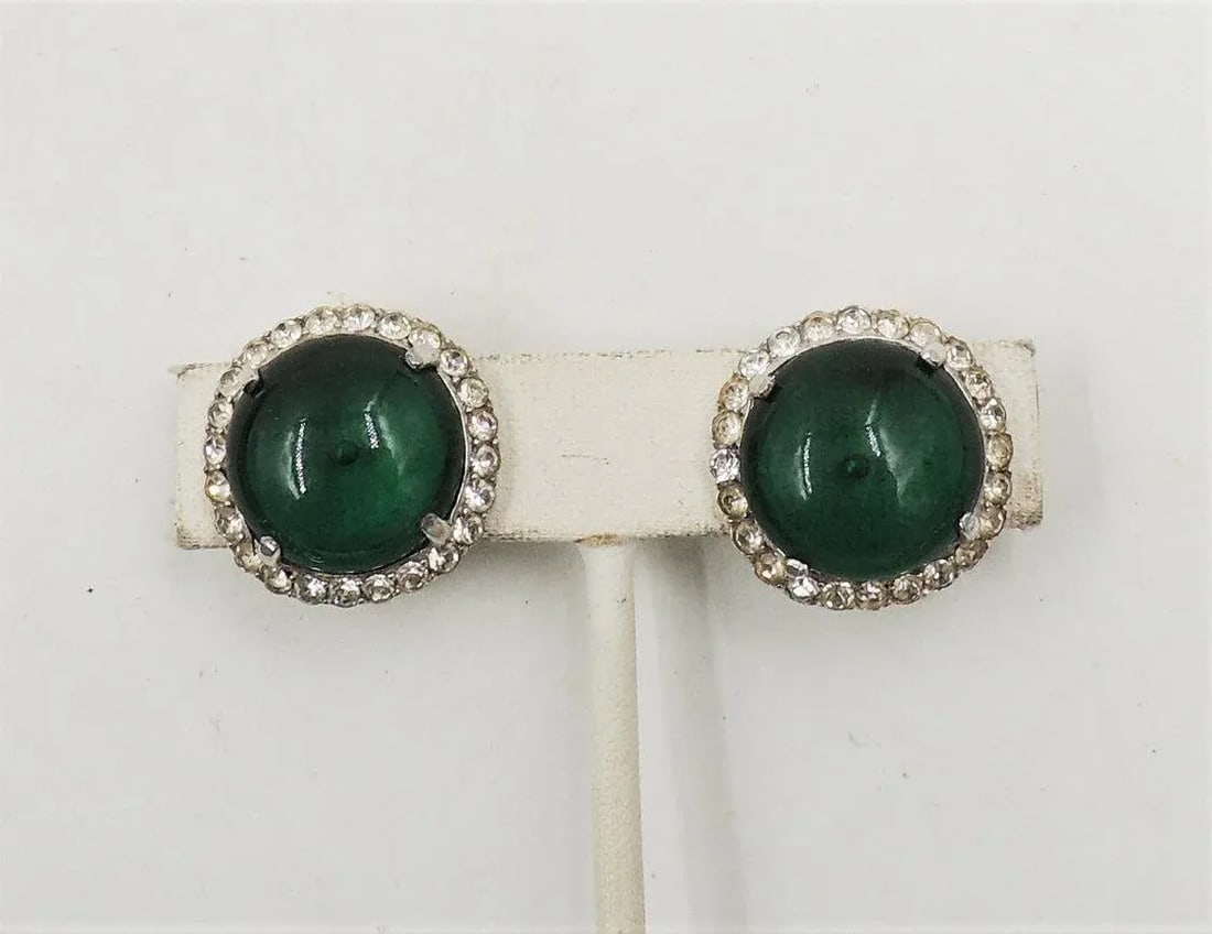 Vintage Castlecliff Faux-Emerald & Clear Rhinestone Clip Earrings - 2 Pieces - 4
