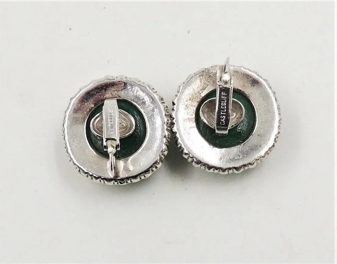Vintage Castlecliff Faux-Emerald & Clear Rhinestone Clip Earrings - 2 Pieces - 5