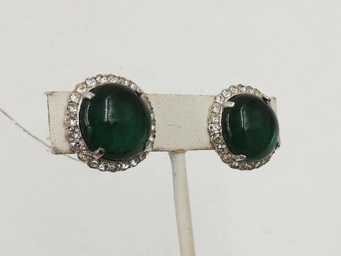 Vintage Castlecliff Faux-Emerald & Clear Rhinestone Clip Earrings - 2 Pieces - 6