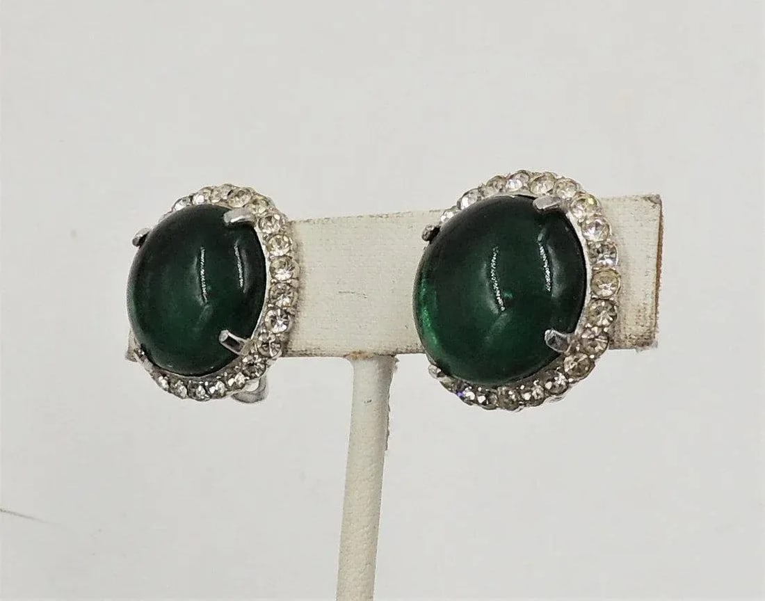 Vintage Castlecliff Faux-Emerald & Clear Rhinestone Clip Earrings - 2 Pieces - 7