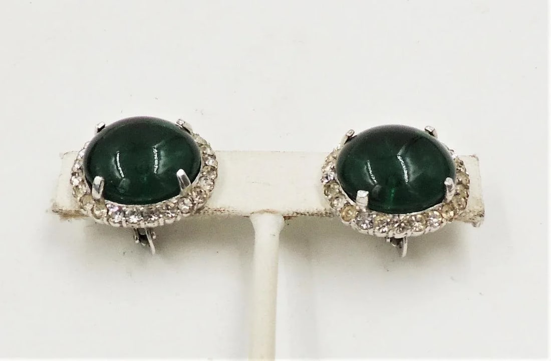 Vintage Castlecliff Faux-Emerald & Clear Rhinestone Clip Earrings - 2 Pieces - 8
