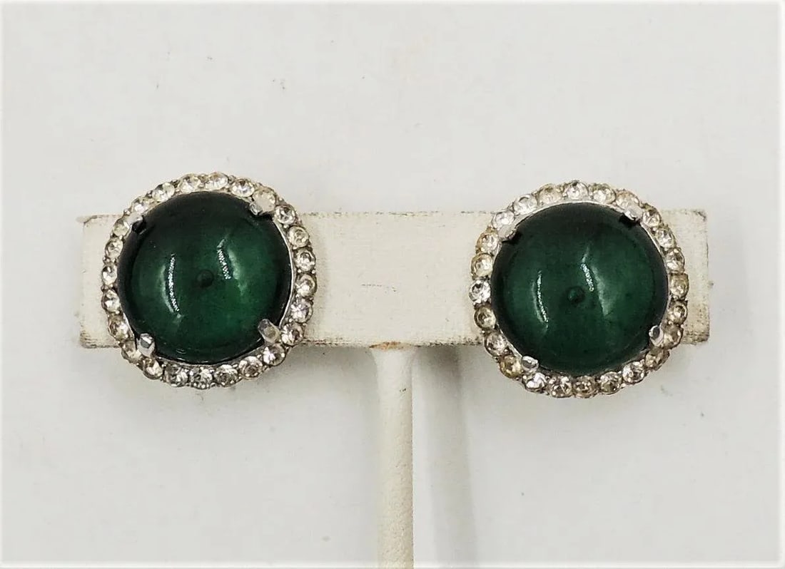 Vintage Castlecliff Faux-Emerald & Clear Rhinestone Clip Earrings - 2 Pieces - 9