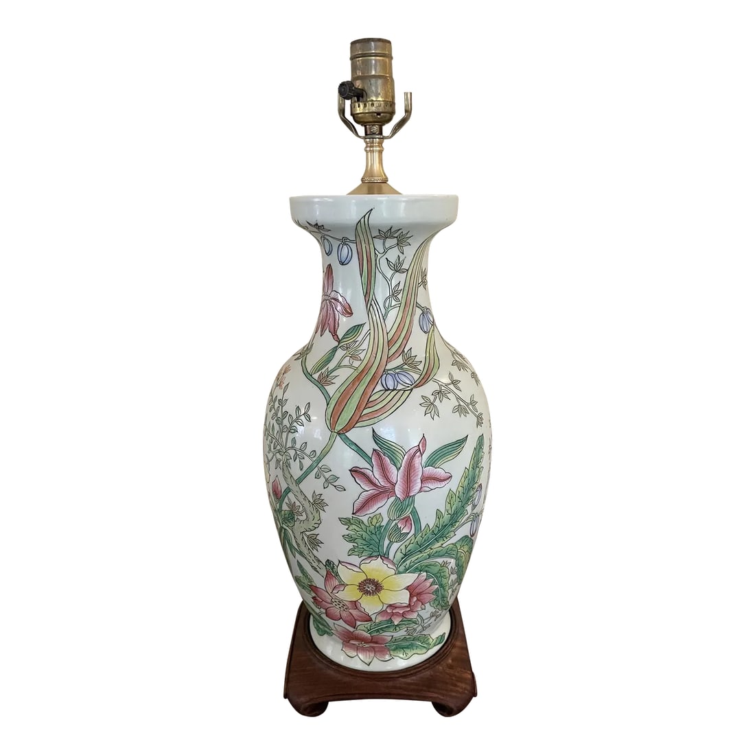 Late 20th Century Floral Ceramic Table Lamp With Celadon Glaze, Mahogany Base and Solid Brass Lid (1 of 12)